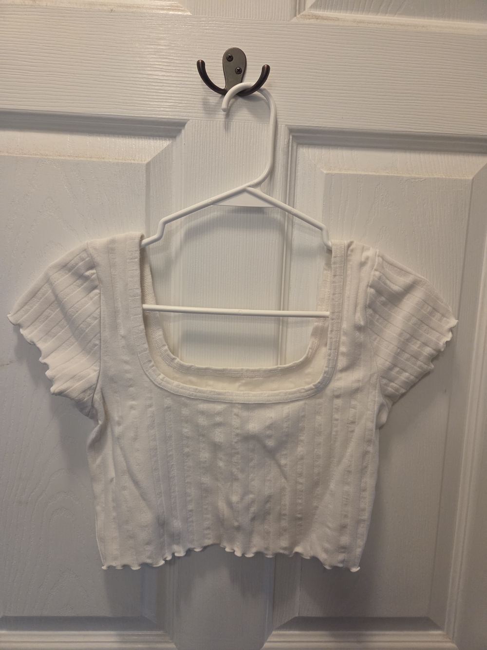 aerie White Square-Neck Ribbed Crop Top with Scalloped Hem